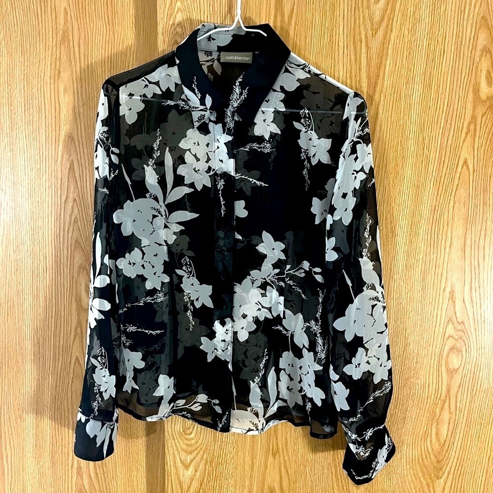 Sheer Floral Black/White Career Blouse Top